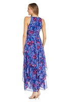 Long Printed Chiffon Halter Dress With Ruffle Cascade Skirt