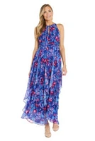 Long Printed Chiffon Halter Dress With Ruffle Cascade Skirt