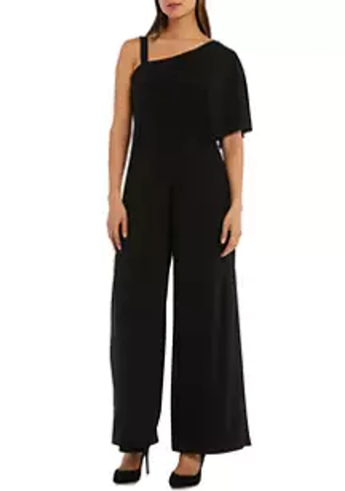 R & M Richards 1 Piece One Shoulder Drape Panel Jumpsuit with Straps