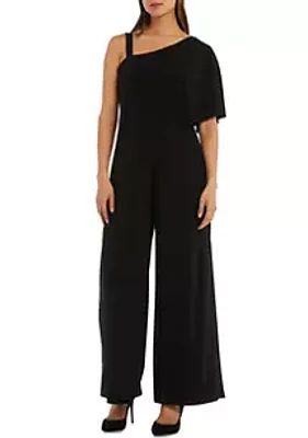 R & M Richards 1 Piece One Shoulder Drape Panel Jumpsuit with Straps