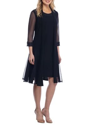 Women's Shift Dress with Embellished Neckline and Sheer Jacket