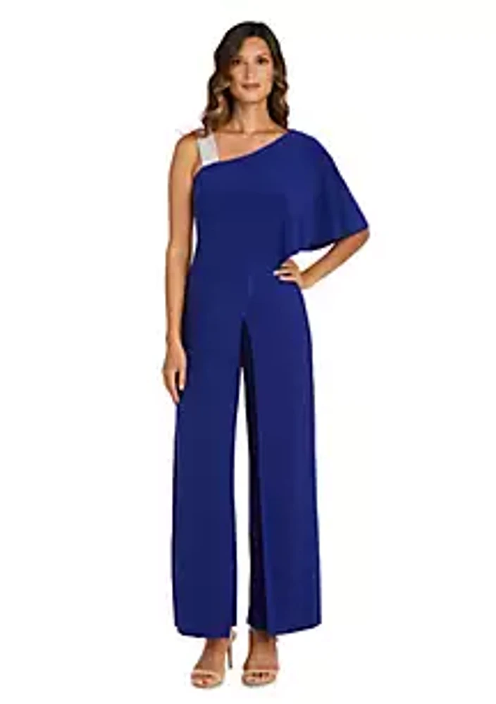 R & M Richards 1Pc One Shoulder Panel Jumpsuit With Rhinestone Strap
