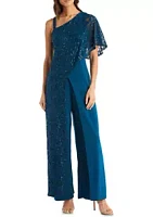 R & M Richards Women's Embellished Sequin Lace Caplet Jumpsuit with Straps