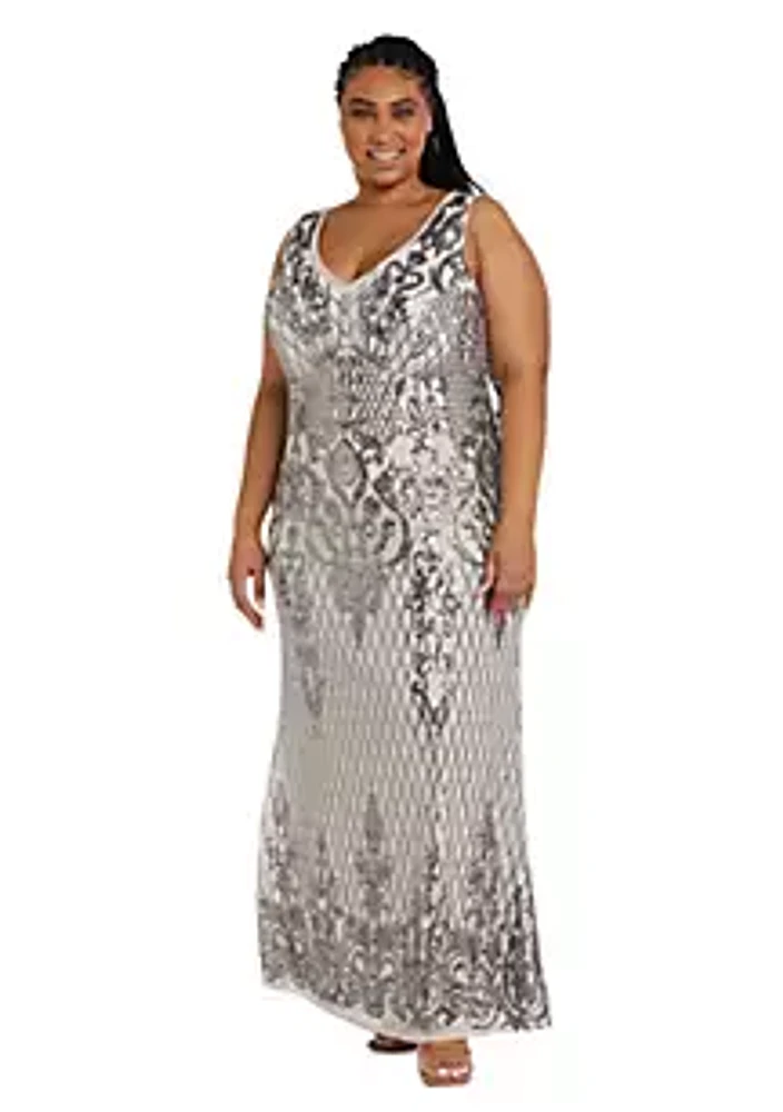 R & M Richards Long Vintage Beaded V Neck Slveless Dress