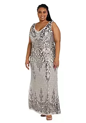 R & M Richards Long Vintage Beaded V Neck Slveless Dress