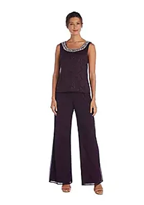 R & M Richards 3Pc Pantsuit With Flyaway 3 4 Slv  Jacket Lace Camisole Beaded Neckline