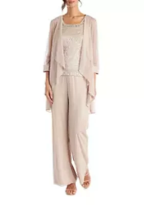 R & M Richards 3-Piece Pantsuit with Flyaway 3/4 Sleeve Jacket Lace Camisole Beaded Neckline