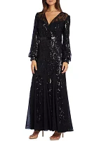 Women's Embroidered Blouson Sleeve Wrap Dress