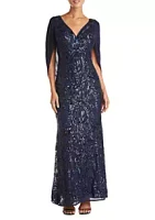 R & M Richards Women's Long Beaded V-Neck Empire Waist Dress On Mesh with Chiffon Draped Cowl Back Sleeve