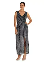 R & M Richards 1Pc Multi Stripe Sequin Bare Shoulder Surplice Long Dress