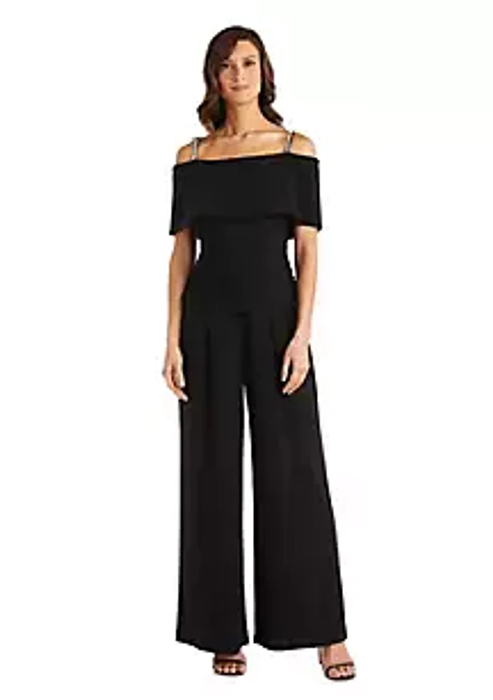 R & M Richards 1Pc Cold Shoulder Ruched Bodice Jumpsuit