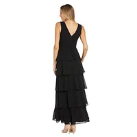 Long Lace Bodice With Matte Chiffon Full Skit And Draped Cap Sleeve