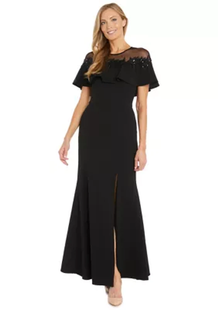 Women's Short Sleeve Mesh Crew Neck Solid Embellish Gown