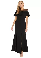 Women's Short Sleeve Mesh Crew Neck Solid Embellish Gown