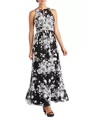 R & M Richards  Women's Long Printed Chiffon Halter Dress