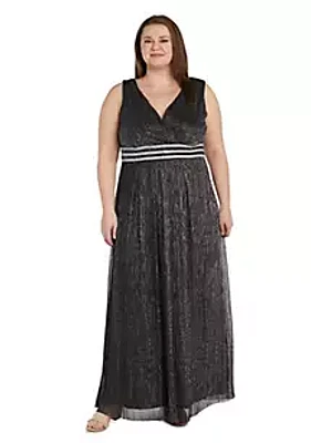 R & M Richards Long Crinkle Pleated Slvless Dress With Rhinestone Trim At Set Waist