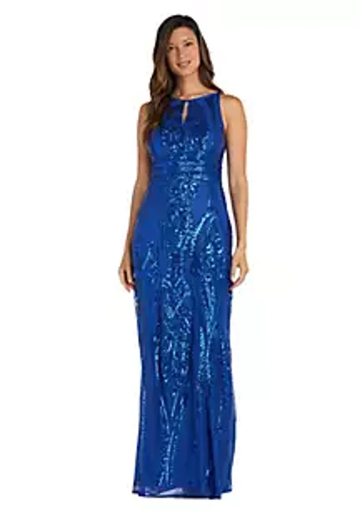 R & M Richards Long Sequin Beaded Sleeveless Keyhole Halter Dress