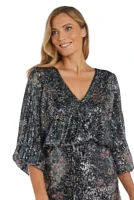 Short Printed Beaded Blouson Dress With Dolman Novelty Sleeve