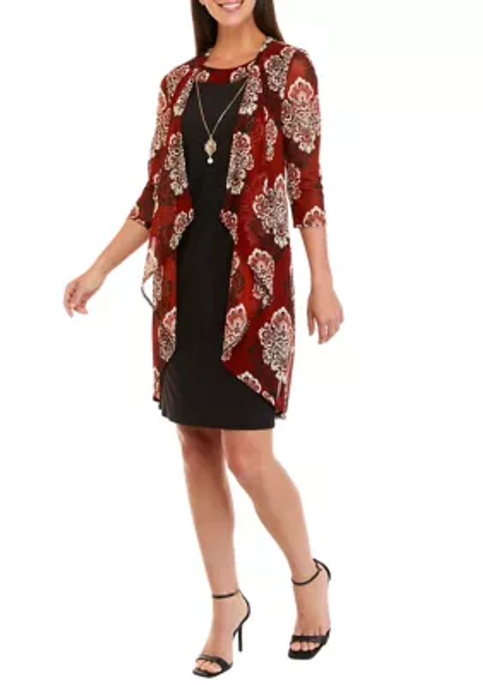 Women's 3/4 Sleeve Printed Jacket Dress with Necklace