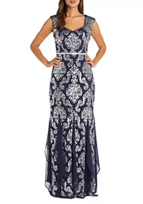 R&M Richards Petite Sequined Godet Gown
