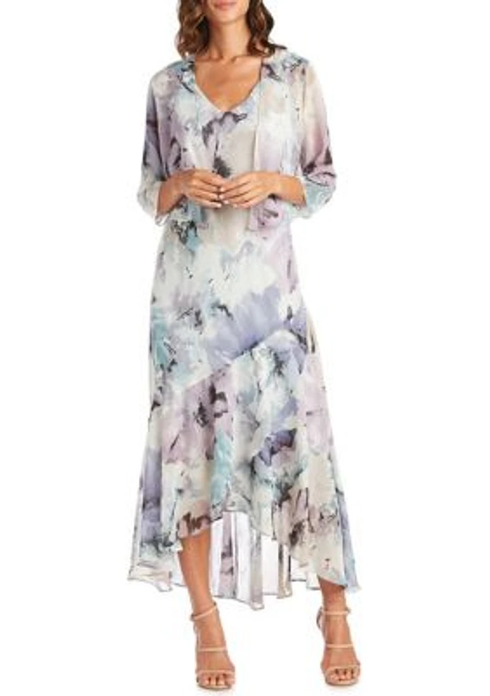 2Pc. Printed Airbrush Bolero Jacket Dress With High Low Ruffle Hemline