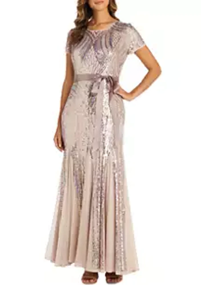 R&M Richards Petite Sequined Rainbow Evening Gown