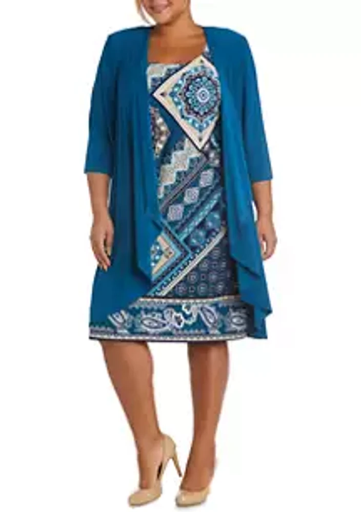 R & M Richards Plus 3/4 Sleeve Printed Dress with Solid Jacket