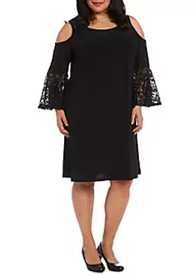 R & M Richards Plus Short Cold Shoulder Dress with Lace Ruffle Sleeves