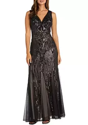 R & M Richards Long Beaded Dress With Contrast Lining Sleeveless V Neckline Godet Skirt