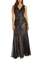 R & M Richards Long Beaded Dress With Contrast Lining Sleeveless V Neckline Godet Skirt