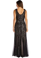 Long Beaded Dress With Contrast Lining Sleeveless V Neckline Godet Skirt