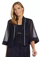 R & M Richards 2Pc Long Crinkle Pleated Jacket Dress With Sheer Mesh Trimmed Fabric