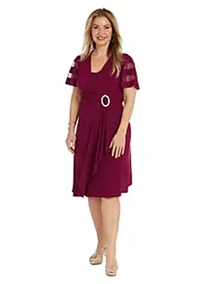 R & M Richards 1Pc Cascade Wrap Dress With Sleeve Detail And Rhinestone Buckle