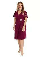 R & M Richards 1Pc Cascade Wrap Dress With Sleeve Detail And Rhinestone Buckle