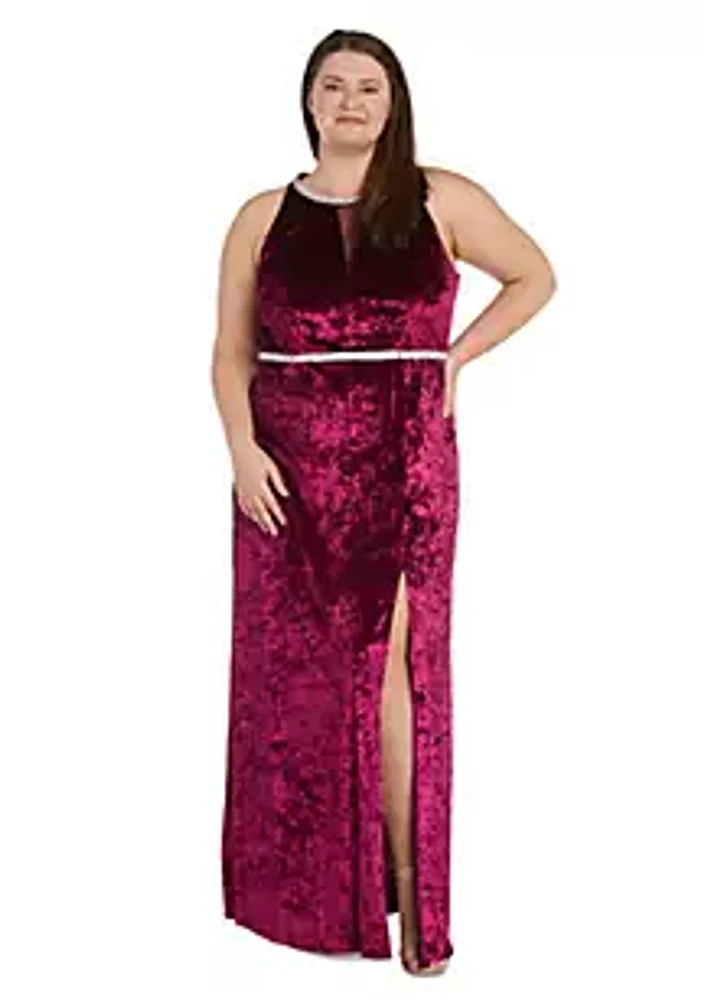 R & M Richards 1Pc Split Insert Ice Velvet With Neck And Waist Detail Dress