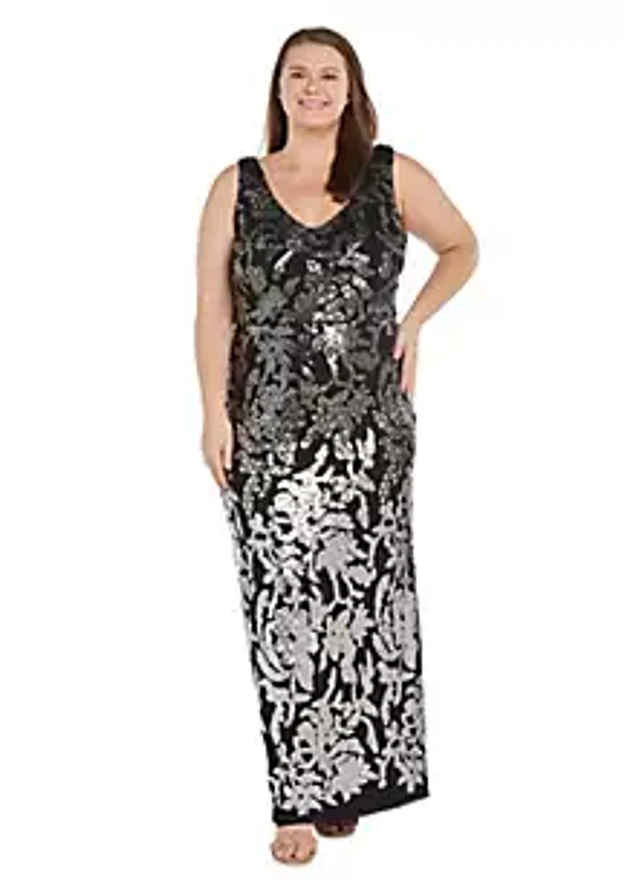 R & M Richards 1Pc V Front And Back Ombre Emb Sequin Column Dress