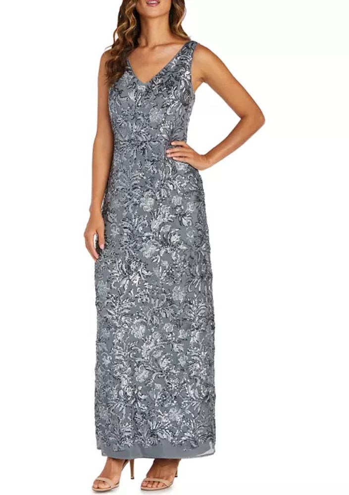 beaded column gown with mock neckline