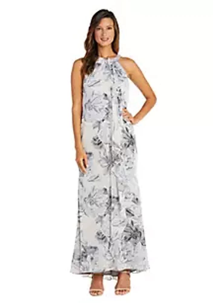 R & M Richards 1Pc Print Chiffon Scarf Halter Dress With Rhinestone Neck Detail