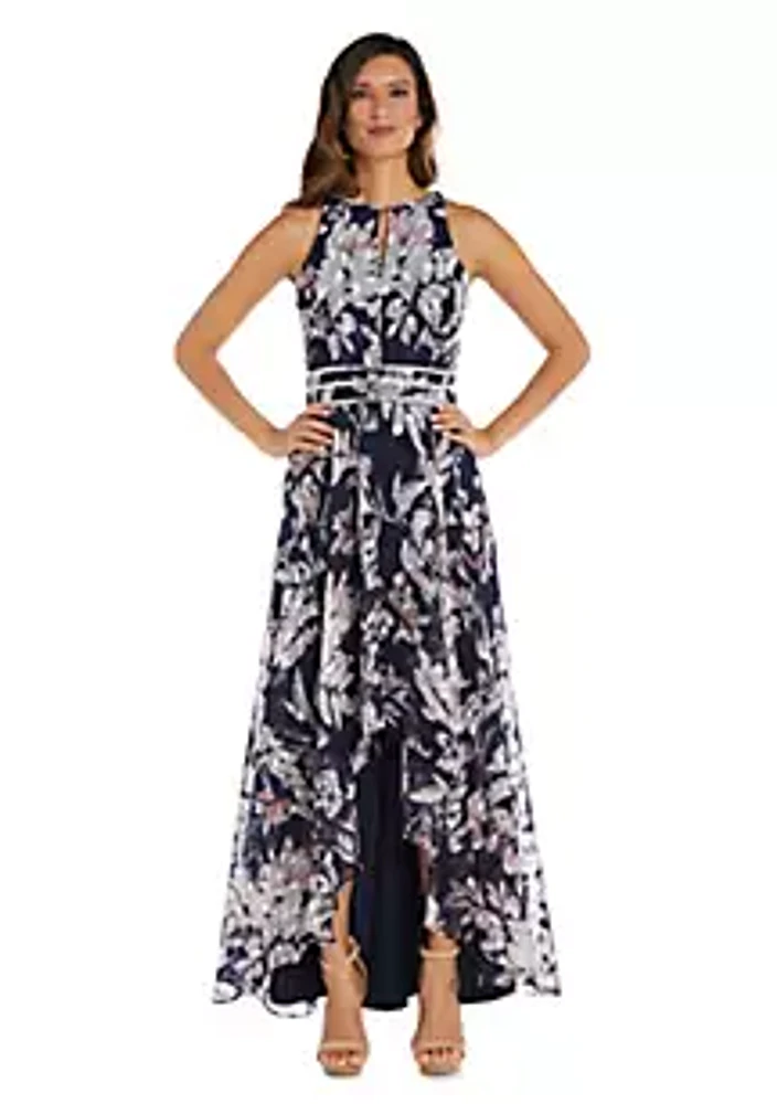 R & M Richards 1Pc Print Clip Jacquard Chiffon Hi Lo Dress With Rhinestone Waist Detail