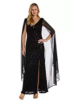 R & M Richards 1Pc Long Mjc And Lace Duster Capelet Pinch Front Dress