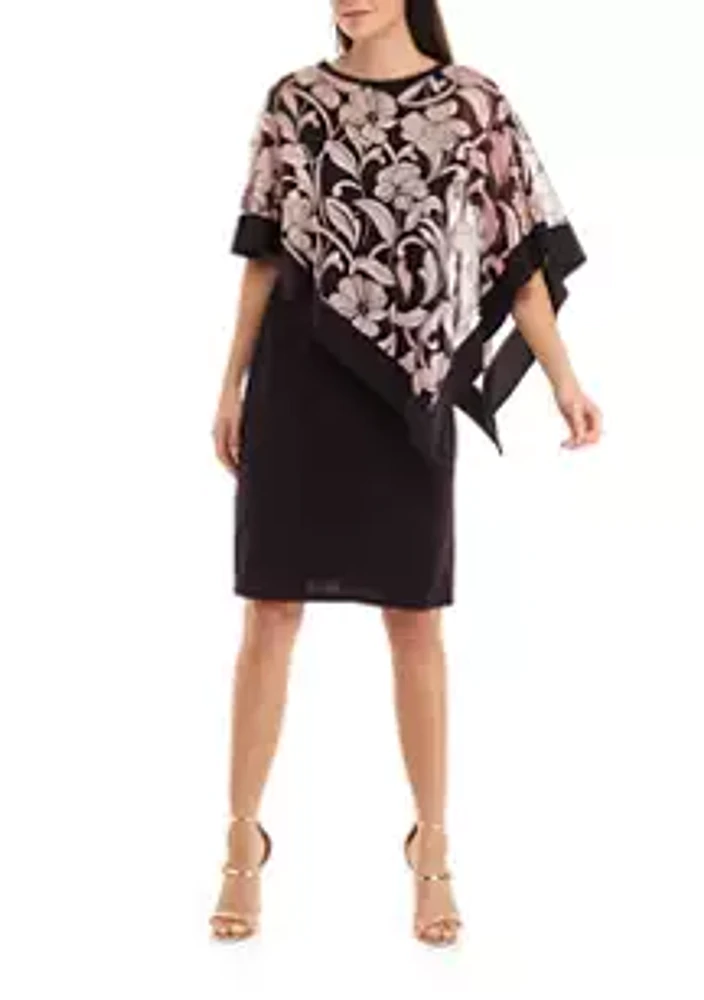 R & M Richards Women's Printed Mesh Burnout Capelet Dress