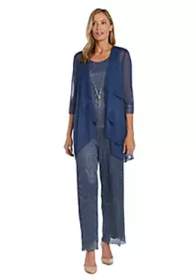 R & M Richards 3Pc Crinkle Pantsuit With A Mesh Chiffon Jacket And Necklace
