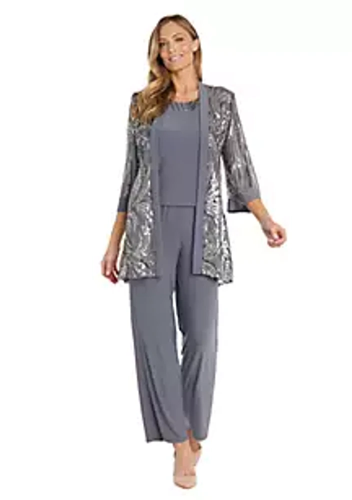 R & M Richards 3 Pc Pantset All Over Feather Pattern Sequin Jacket W Bell Sleeves, Trim Tank And Ity Pant