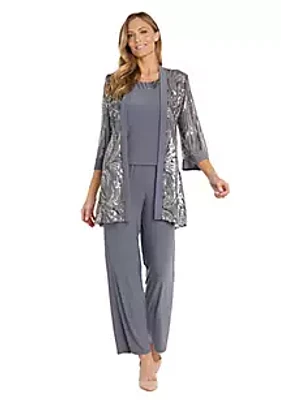 R & M Richards 3 Pc Pantset All Over Feather Pattern Sequin Jacket W Bell Sleeves, Trim Tank And Ity Pant