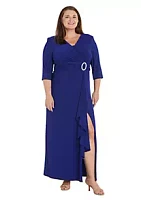 R & M Richards 1Pc Cascade Wrap Dress With Modesty And Rhinestone Buckle