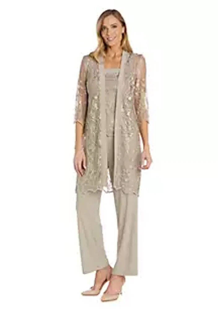 R & M Richards 3Pc Emb Sequin Lace And Ity Duster Pant Set
