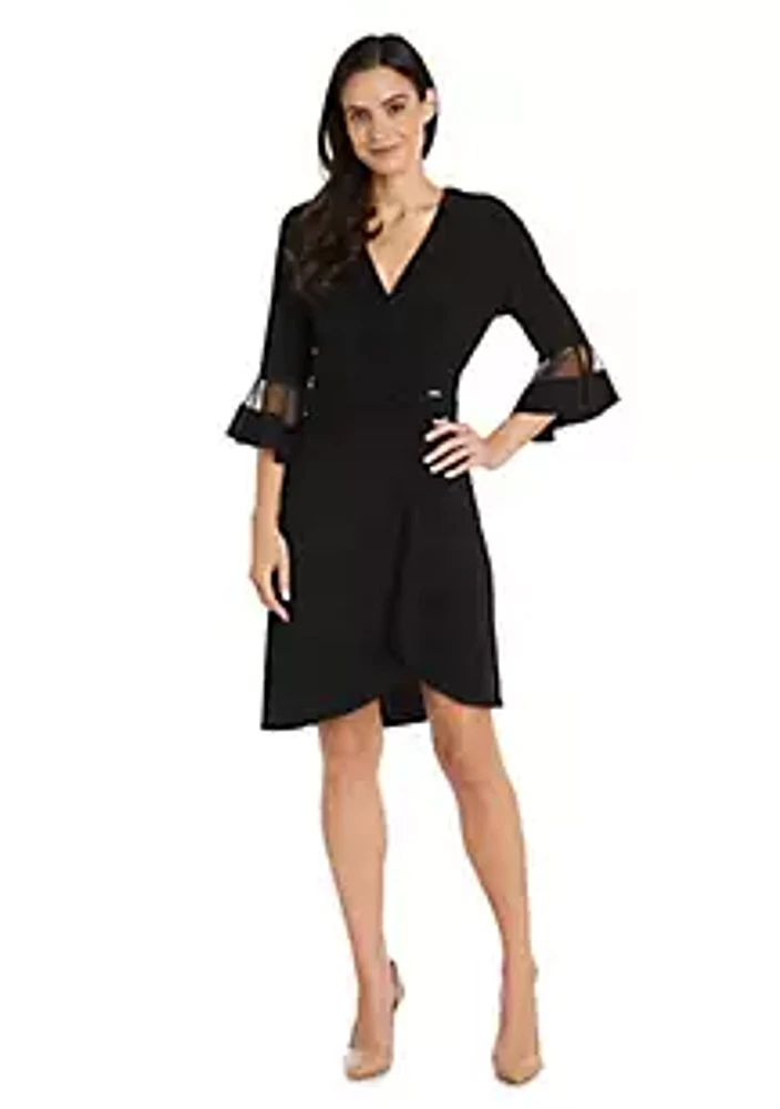 R & M Richards 1Pc Sheer Sleeve Cascade Wrap Dress With Buckle Detail