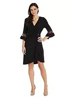 R & M Richards 1Pc Sheer Sleeve Cascade Wrap Dress With Buckle Detail