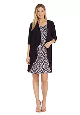 R & M Richards 2Pc Puff Print Dress With Solid Ity Flyaway Jacket And Detachable Necklace