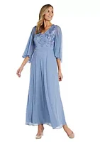 R & M Richards 1Pc Long Fleur De Lis Emb Sequin Bodice Dress With Cape Sleeves